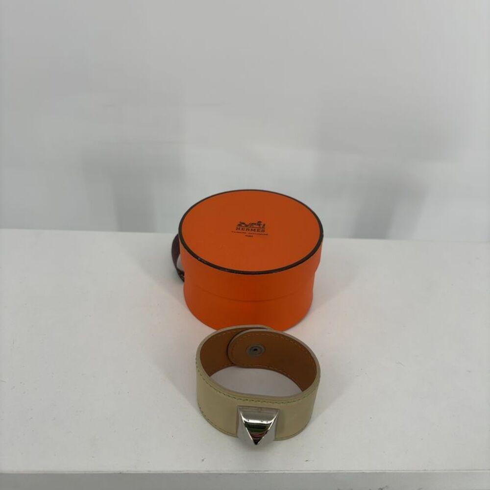 Hermes Green Leather and Silvertone Bracelet
